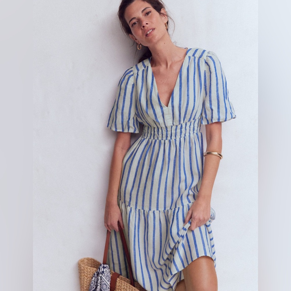NWT Boden Irene Linen Midi Dress in Blue Stripe